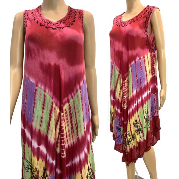 90's Y2K Multi Color Tie Dye Gauze Tent Dress | Fits M/L - Picture 5 of 10